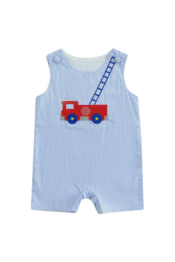 Baby Boy Summer Overalls Fire Engine Embroidery Round Neck Jumpsuit