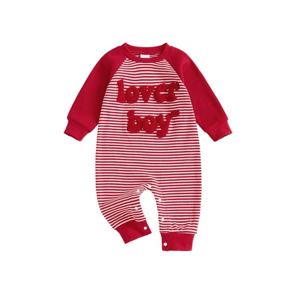 BemeyourBBs Baby Boy Valentine Day Outfit Newborn Lover Boy Romper Letter Embroidery Stripe Long Sleeve Jumpsuit