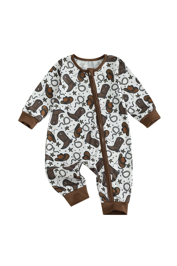 Baby Boy Western Romper Casual Boot Print Zipper Long Sleeve Jumpsuit