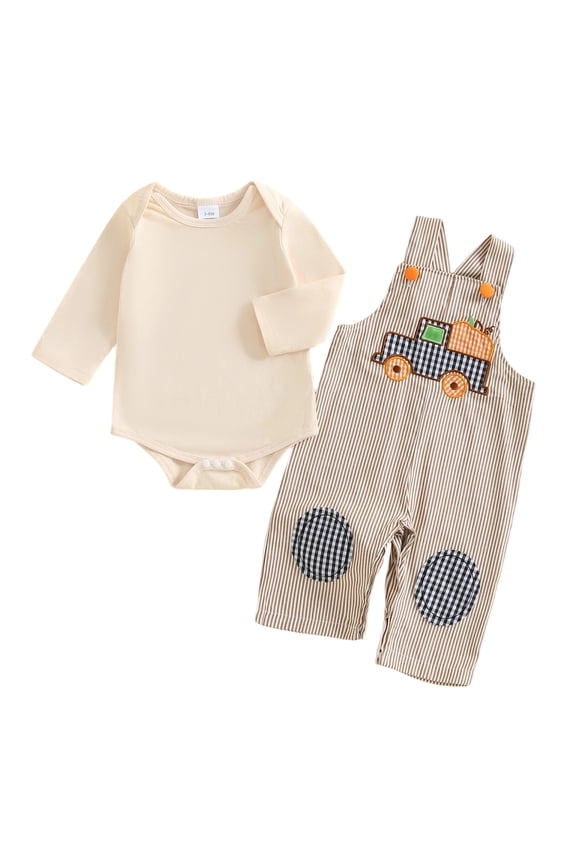 Baby Boy's Fall Sets Long Sleeve Romper Pumpkin Striped Overalls