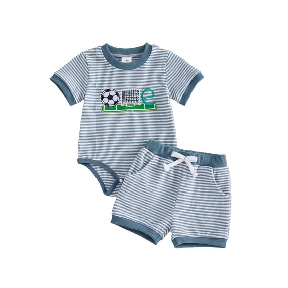 BemeyourBBs Baby Boys Girls Football Birthday Outfits 1st Years Old Birthday Clothes Short Sleeve Soccer Embroidery Striped Romper Top with Pockets Shorts 2Pcs Set Infant Baby Boy Girl Summer Clothes