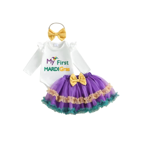 BemeyourBBs Baby My First Girl Mardi Gras Outfit Letter Print Long Sleeves Romper A-line Tulle Tutu Skirt Set Headband Newborn Spring Fall Winter Clothes