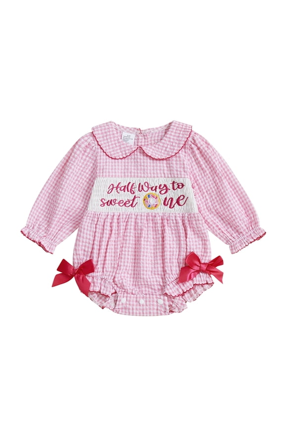 Baby Girl 1/2 Birthday Outfits Half Birthday Clothes Plaid Bubble Romper Half Way To Sweet One Letters Embroidery Doll Collar Long Sleeve Smocked Bodysuit Playsuit