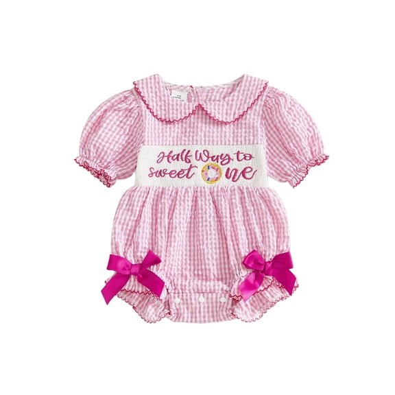 BemeyourBBs Baby Girl 1/2 Birthday Outfits Half Birthday Clothes Plaid Bubble Romper Half Way To Sweet One Letters Embroidery Doll Collar Short Sleeve Smocked Bodysuit Playsuit