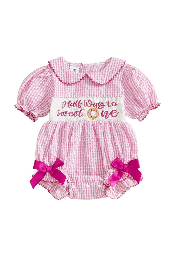 Baby Girl 1/2 Birthday Outfits Half Birthday Clothes Plaid Bubble Romper Half Way To Sweet One Letters Embroidery Doll Collar Short Sleeve Smocked Bodysuit Playsuit