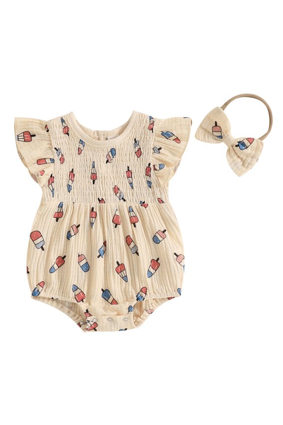 Baby Girl 4th of July Romper Popsicle Fly Sleeve Bodysuit Bow Headband