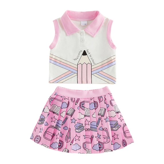 BemeyourBBs Baby Girl Back to School Outfit Kids Pre Kindergarten Outfits Toddler Baby Girl Summer Clothes Sleeveless Collared Button Tank Vest Tops and Book Pencil Printed Pleated Skirt Set