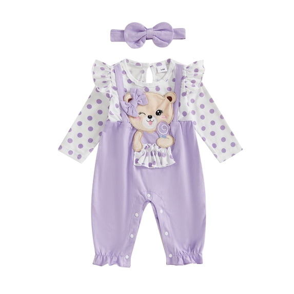 BemeyourBBs Baby Girl Bear Patch Romper Ruffle Long Sleeve Jumpsuit with Headband