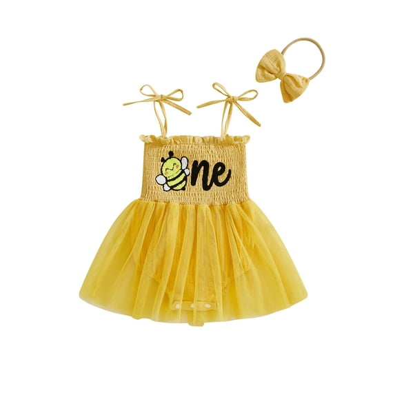 BemeyourBBs Baby Girl Bee Tulle Romper Dress 1st Birthday Outfits One Years Old Birthday Summer Clothes Cute Bee Embroidery Sleeveless Smocked Tutu Dress Headband