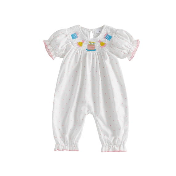 BemeyourBBs Baby Girl Birthday Outfits Smocked Romper Casual Birthday Cake Embroidered Dot Print Crew Neck Short Sleeve Infant Jumpsuit Spring Summer Clothes