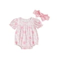 thumbnail image 1 of BemeyourBBs Baby Girl Bow Print Romper Ruffle Sleeve Bodysuit with Bow Headband, 1 of 9