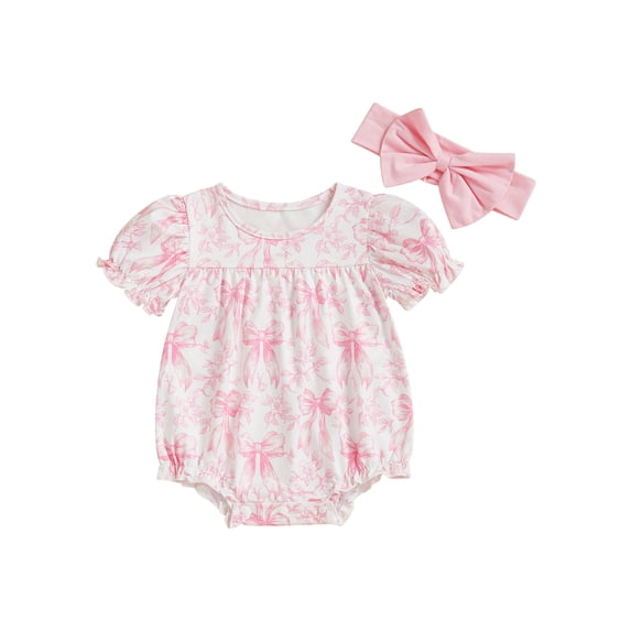 BemeyourBBs Baby Girl Bow Print Romper Ruffle Sleeve Bodysuit with Bow Headband