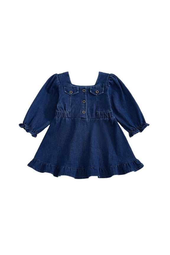 Baby Girl Denim Dress Long Puff Sleeve Button Down Ruffle Dress