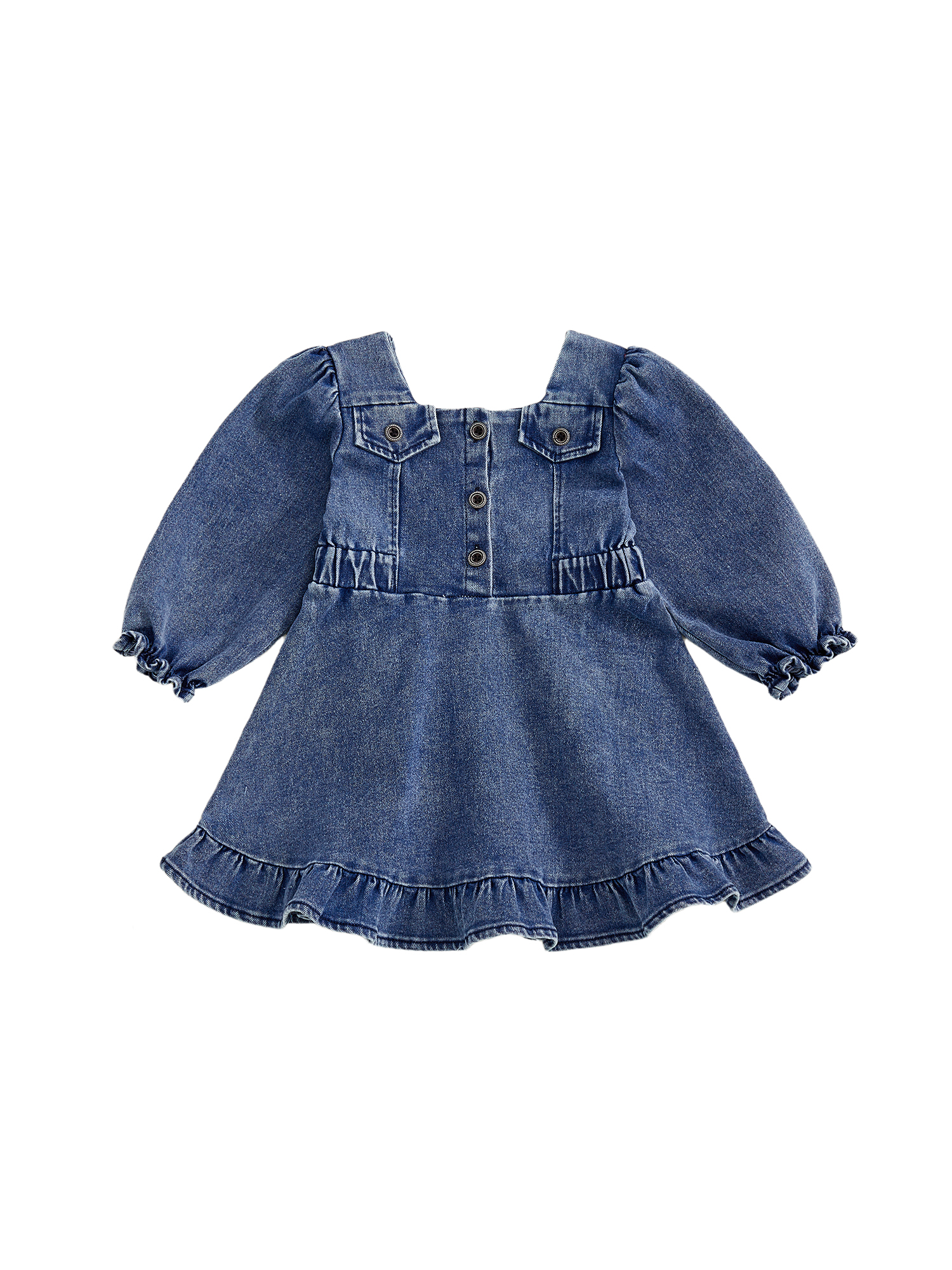 BemeyourBBs Baby Girl Denim Dress Long Puff Sleeve Button Down Ruffle 