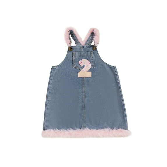 BemeyourBBs Baby Girl Denim Overall Dress Number Embroidery Sleeveless Plush Dress
