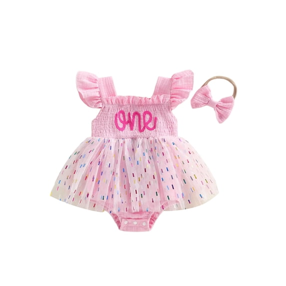 BemeyourBBs Baby Girl First 1st Birthday Outfit One Years Old Birthday Smocked Romper Dress Flying Sleeve Square Neck Letters Embroidery Tulle Tutu Dress and Bow Headband Set