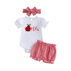 BemeyourBBs Baby Girl First Birthday Bee Ladybug Outfit One Years Old 1st Birthday Clothes Puff Short Sleeve Romper Plaid Ruffled Shorts and Headband 3 Pcs Set