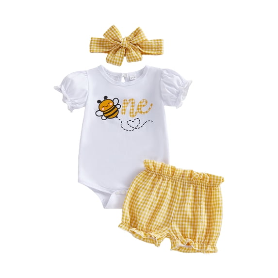 BemeyourBBs Baby Girl First Birthday Bee Ladybug Outfit One Years Old 1st Birthday Clothes Puff Short Sleeve Romper Plaid Ruffled Shorts and Headband 3 Pcs Set
