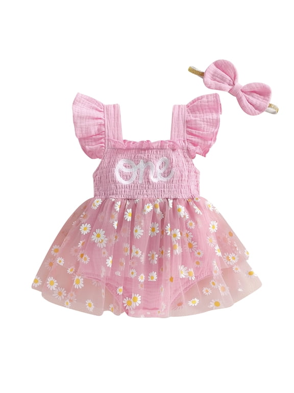 Baby Girl First Birthday Outfit 1 Years Old Birthday Clothes Daisy Tulle Tutu Dress Flying Sleeve Letter Embroidery Smocked Romper Dress Headband 2 Piece Set