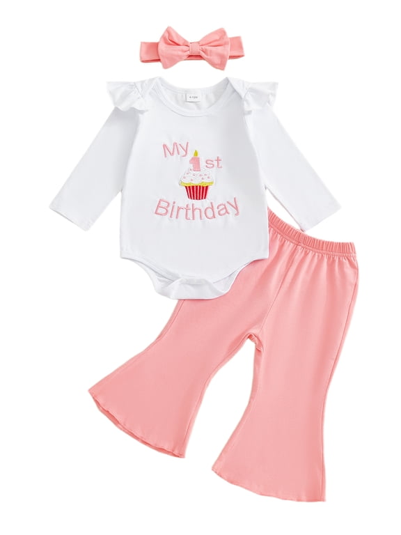Baby Girl First Birthday Outfit 1st Birthday Clothes Letter Cake Embroidery Long Sleeve Romper with Flare Pants Set and Headband