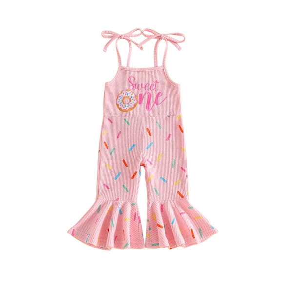BemeyourBBs Baby Girl First Birthday Outfit 1st Birthday One Years Old Clothes Summer Waffled Romper Overalls Donut Sweet One Letter Embroidery Tie-up Strap Sleeveless Flared Jumpsuit