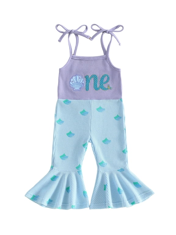 Baby Girl First Birthday Outfit 1st Birthday One Years Old Clothes Summer Waffled Romper Overalls Donut Sweet One Letter Embroidery Tie-up Strap Sleeveless Flared Jumpsuit