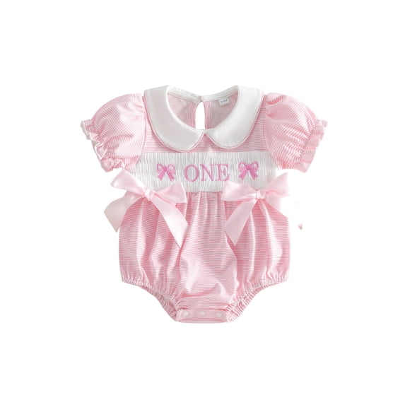 BemeyourBBs Baby Girl First Birthday Outfit 1st Years Old Birthday Clothes Baby Girl Summer Stripe Bubble Romper Letter Bow Embroidery Doll Collar Short Sleeve Bodysuit with Bow