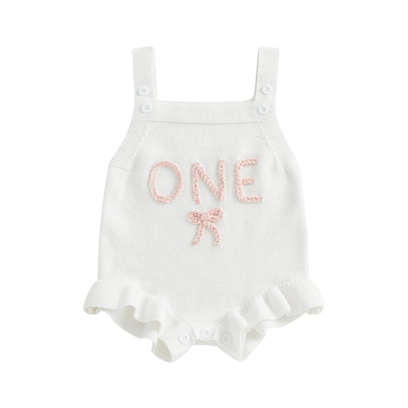 BemeyourBBs Baby Girl First Birthday Outfit 1st Years Old Clothes Knit Romper Overalls Sleeveless Number Letter Bow Embroidery Sweater Romper Bodysuit Playsuit Spring Summer Fall Clothing