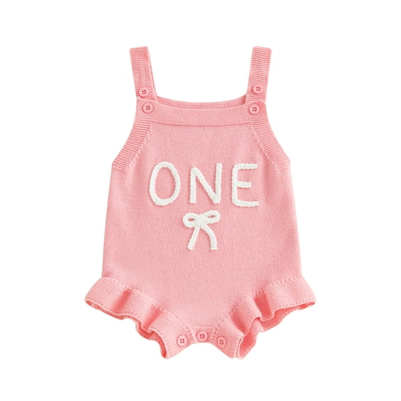 BemeyourBBs Baby Girl First Birthday Outfit 1st Years Old Clothes Knit Romper Overalls Sleeveless Number Letter Bow Embroidery Sweater Romper Bodysuit Playsuit Spring Summer Fall Clothing