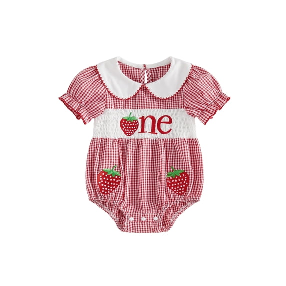BemeyourBBs Baby Girl First Birthday Outfit One Years Old Birthday 1st Birthday Clothes Plaid Smocked Bubble Romper Bee Strawberry Embroidered Doll Collar Short Sleeve Infant Playsuit Jumpsuit