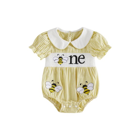 BemeyourBBs Baby Girl First Birthday Outfit One Years Old Birthday 1st Birthday Clothes Plaid Smocked Bubble Romper Bee Strawberry Embroidered Doll Collar Short Sleeve Infant Playsuit Jumpsuit