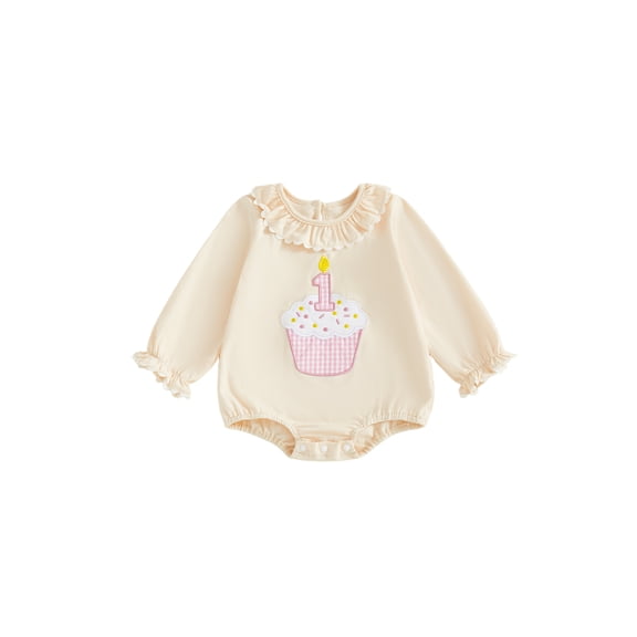 BemeyourBBs Baby Girl First Birthday Outfits 1st Birthday Bubble Romper Sweatshirt Cupcake Embroidered Doll Neck Long Sleeve Infant Bodysuit