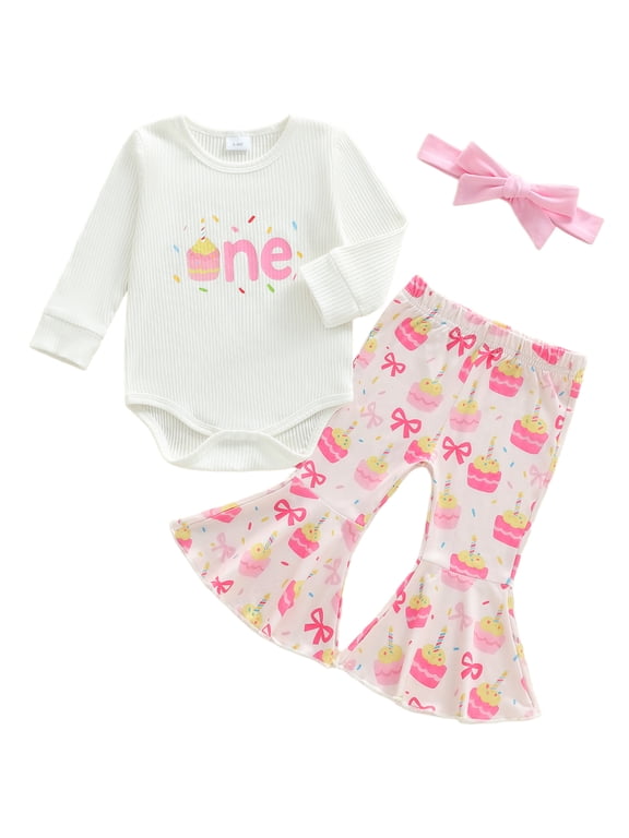 Baby Girl First Birthday Outfits 1st Birthday Clothes Cake Long Sleeve Romper Flare Pants Headband Set