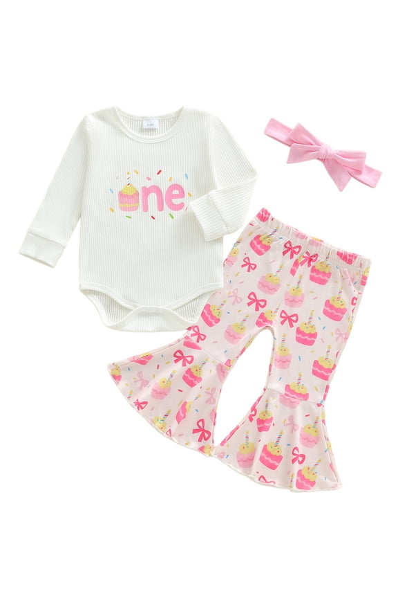 Baby Girl First Birthday Outfits 1st Birthday Clothes Cake Long Sleeve Romper Flare Pants Headband Set