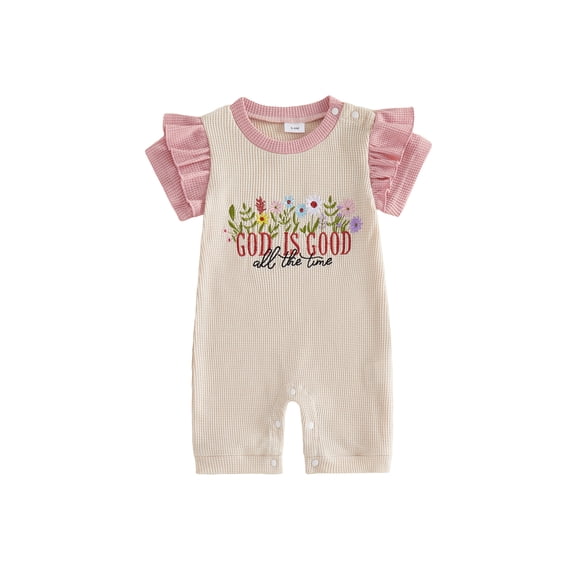 BemeyourBBs Baby Girl God Is Good All the Time Outfit Newborn Baby Girl Spring Summer Fall Christening Clothes Waffled Romper Ruffle Sleeve Letters and Floral Embroidery One Pieces Jumpsuit