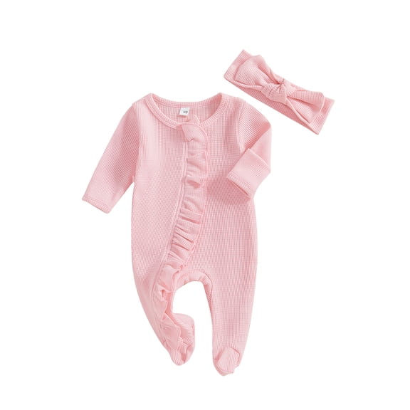 BemeyourBBs Baby Girl Going Home Outfit Newborn Baby Girls Ruffle Footie Romper Waffle Knit Footed one-piece Jumpsuit Long Sleeve Zipper Romper Solid Fall Winter Clothes
