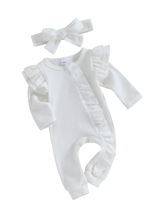 Baby Girl Going Home Outfit Newborn Baby Girls Ruffle Romper Waffle Knit Jumpsuit Long Sleeve Zipper Romper Solid Fall Winter Clothes