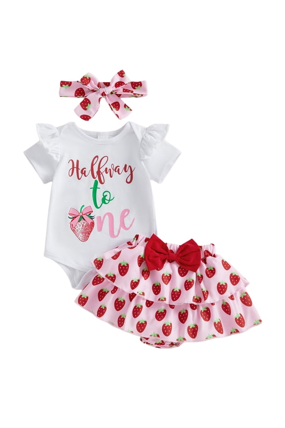 Baby Girl Half Birthday Strawberry Outfit Half Way to One Summer Clothes Short Sleeve Letters Print Romper Ruffle Skirt Set Hairband