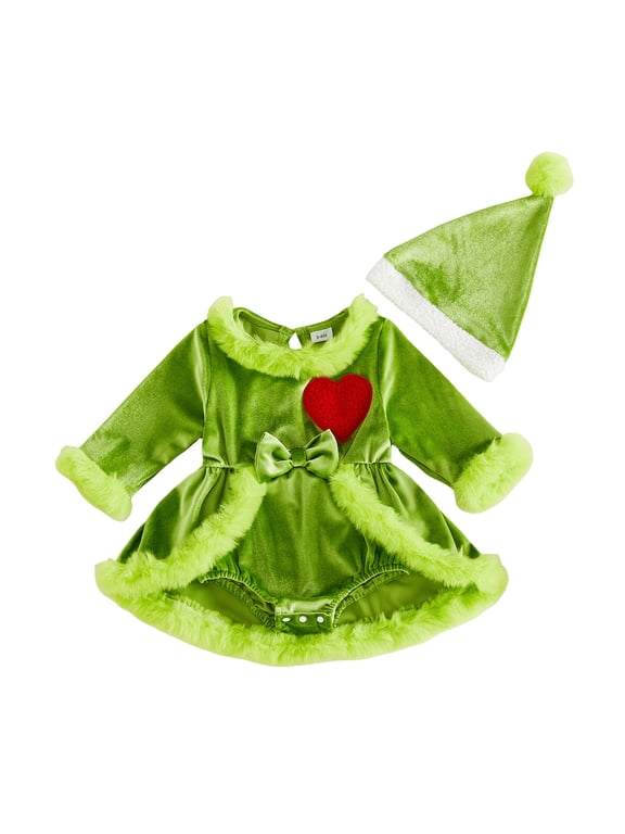 Baby Girl Halloween Christmas Costume Infant Baby Green Fuzzy Velvet Romper Dress Plush Trim Heart Embroidery Long Sleeve Jumpsuit Playsuit with Hat