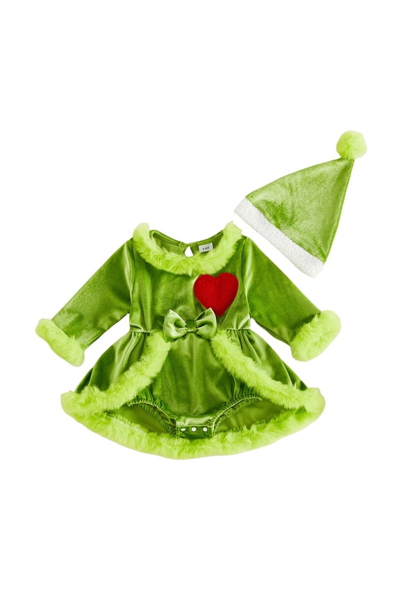 Baby Girl Halloween Christmas Costume Infant Baby Green Fuzzy Velvet Romper Dress Plush Trim Heart Embroidery Long Sleeve Jumpsuit Playsuit with Hat