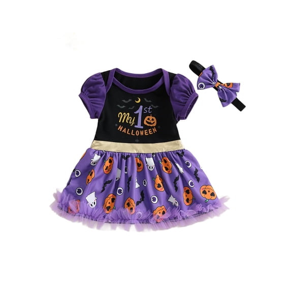 BemeyourBBs Baby Girl Halloween Outfit Pumpkin Ghost Print Romper Dress Headband
