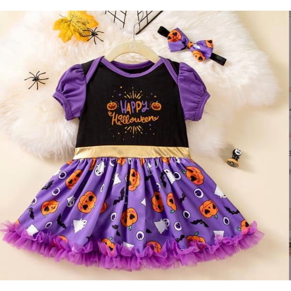 BemeyourBBs Baby Girl Halloween Outfit Pumpkin Ghost Print Romper Dress Headband