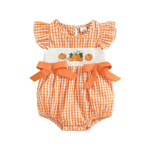 BemeyourBBs Baby Girl Halloween Romper Pumpkin Embroidered Plaid Bows Jumpsuit