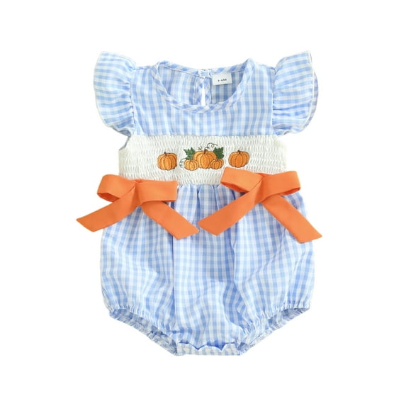 BemeyourBBs Baby Girl Halloween Romper Pumpkin Embroidered Plaid Bows Jumpsuit