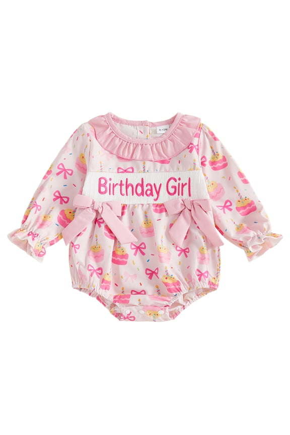Baby Girl My First Birthday Outfit Clothes 1st Birthday Romper with Bow Long Sleeve Cupcake Print Bodysuit