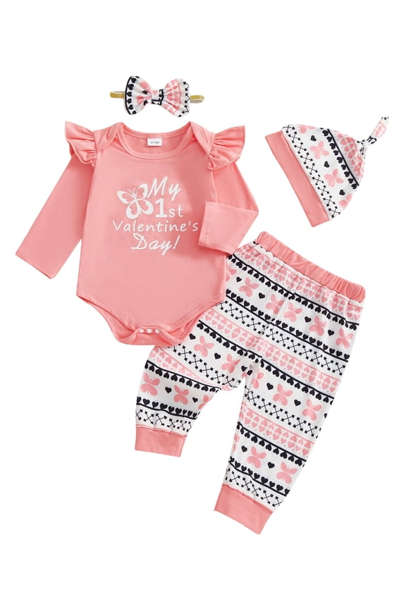 Baby Girl My First Valentines Day Outfits Letters Romper Pants Set Headband Hat Cute Infant Spring Clothes