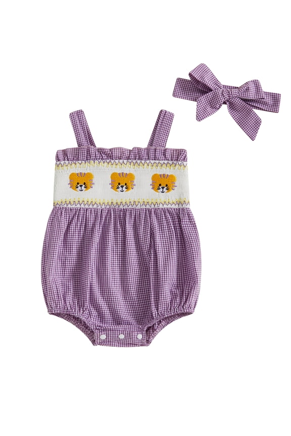 Baby Girl Plaid Overall Romper Tiger Smocked Sleeveless Bodysuit