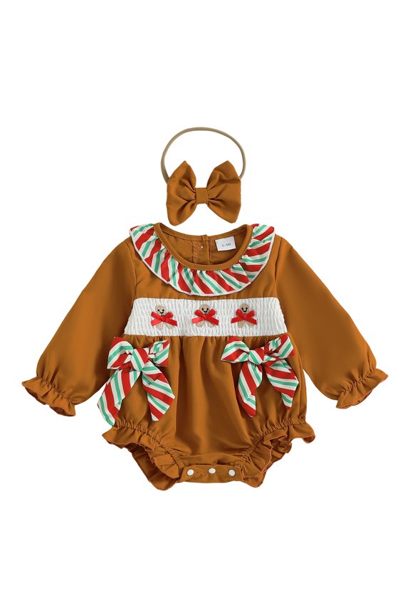 Baby Girl Romper Long Sleeve Gingerbread Embroidery Jumpsuit Headband