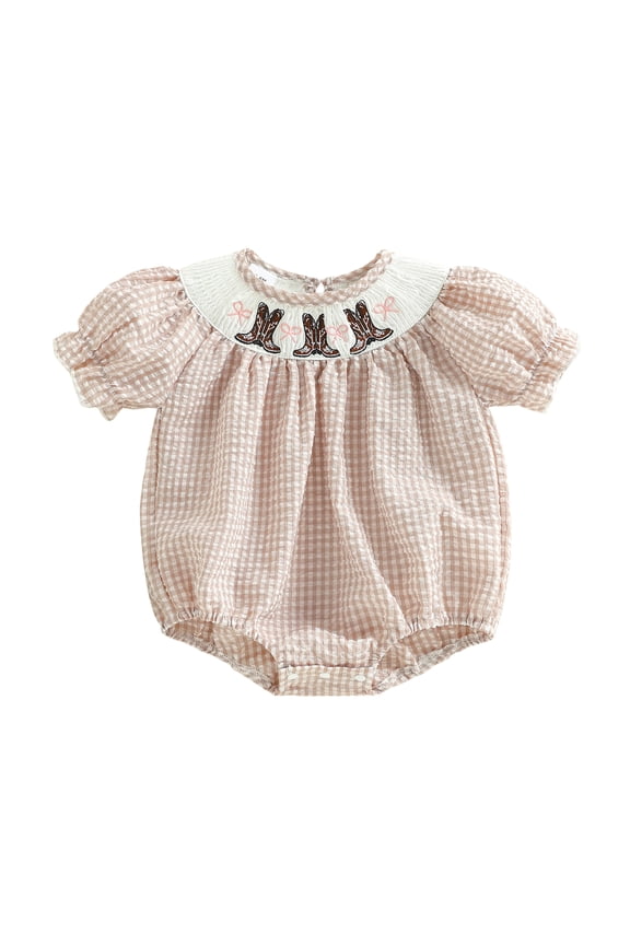 Baby Girl Smocked Bubble Romper Newborn Western Summer Clothes Boots Bow Embroidered Gingham Plaid Crew Neck Short Sleeve Infant Bodysuit