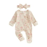 BemeyourBBs Baby Girl Spring Fall Winter Clothes Newborn Baby Girl Hospital Going Home Outfit Ribbed Footed Romper Bow Print Long Sleeve Full Length Ruffle Zipper Footie Jumpsuit Headband